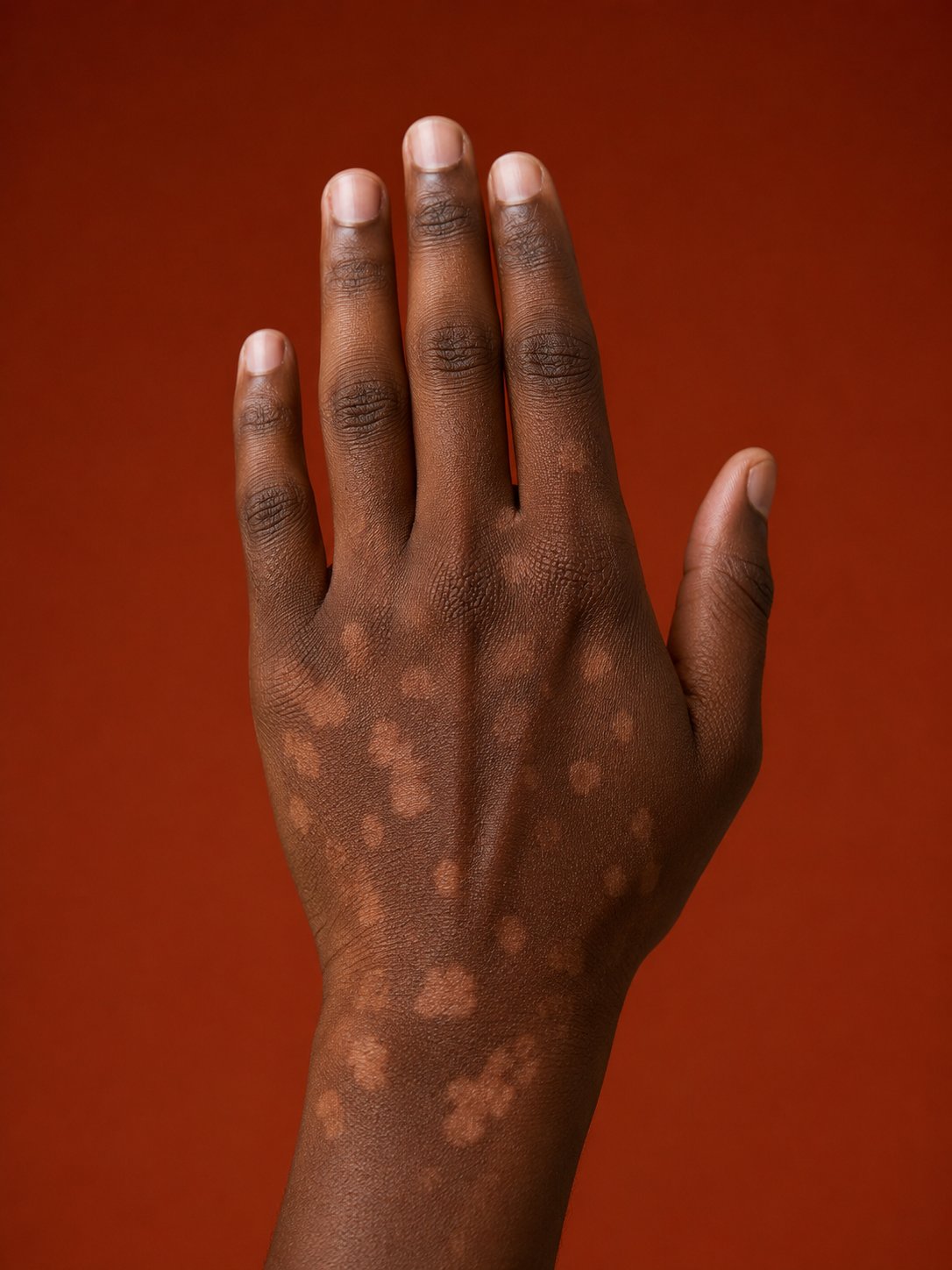 Tinea versicolor patches on the back of a hand
